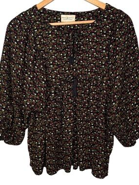 Ralph Lauren Denim Supply Floral Boho Peasant Blouse Tassel Black